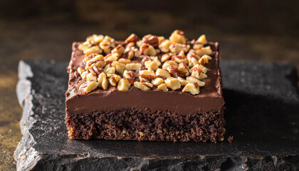 A delicious chocolate dessert topped with chopped nuts, served on a dark slate plate, perfect for indulgence.