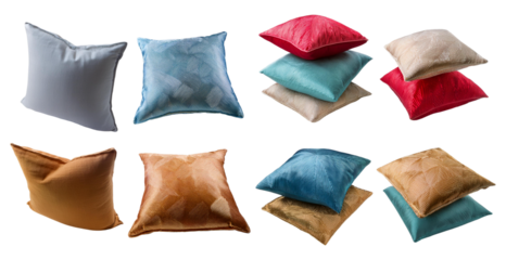 Set of decorative cushions in various colors and textures arranged in pairs isolated on transparent background