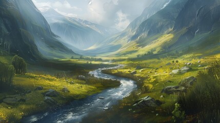 Fototapeta premium A remote valley with a winding river.