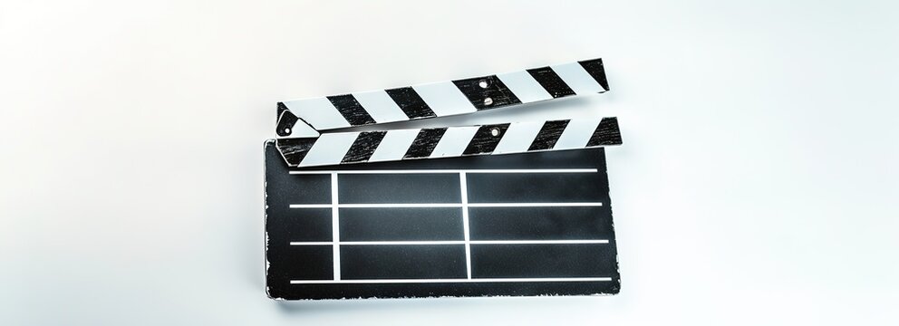 Black clapperboard on white background, symbolizing movie produc