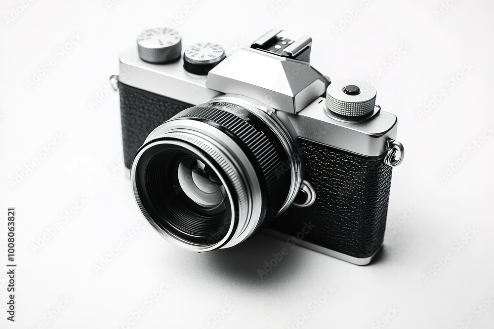 Poster retro camera on white background with space for text