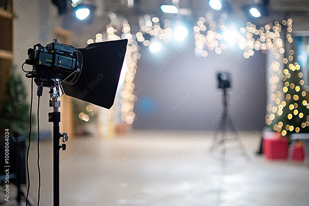 Poster professional camera on set with bokeh lights background