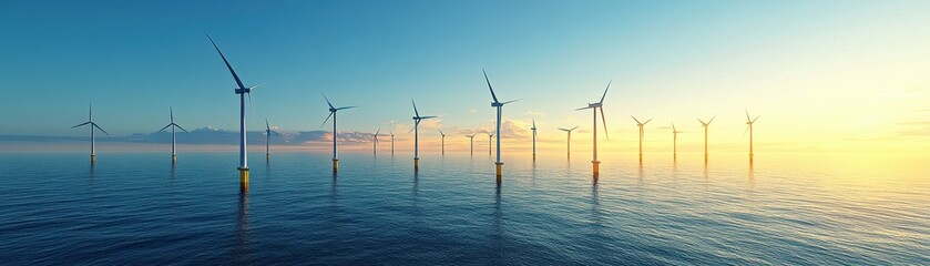 Stunning Offshore Wind Farm at Sunrise with Endless Turbines Reflecting on Calm Ocean Waters Under a Vibrant Sky
