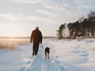 A man walks his dog along a snowy path at sunset, surrounded by trees, creating a serene winter scene in nature.