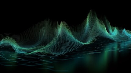 Abstract background with Flowing Waves Composed of Glowing Green and Blue Data Points on a Black Background, Representing the Movement and Flow of Digital Information in a Futuristic, High-Tech Concep