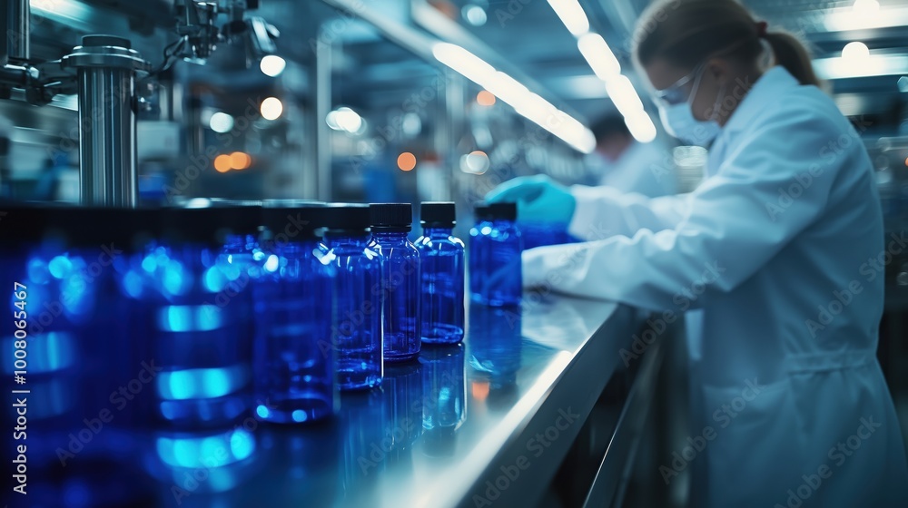 Poster modern factory production line showcasing a worker meticulously handling blue bottles, emphasizing e