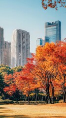 Obraz premium Vibrant autumn foliage in the foreground contrasts with modern skyscrapers, showcasing nature and urban life in harmony.