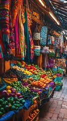 Vibrant market scene filled with colorful fruits and textiles, capturing the essence of local culture and traditional commerce.