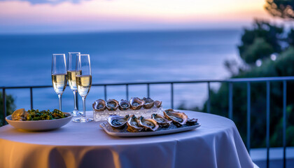 Fototapeta premium A romantic dining setup with oysters and champagne, overlooking a serene ocean view at sunset.