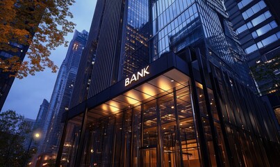 View of a tall bank building with illuminated windows and surrounding glass skyscrapers during dusk in a financial district.
