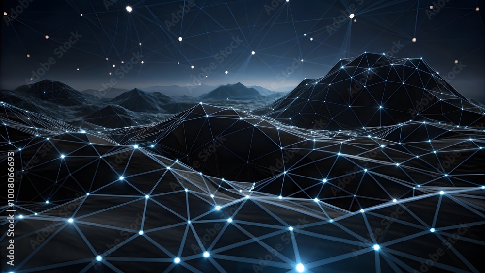 Poster Technologic networks, technologic networks, particle energy flow, quantum computing visualization Technology Network Background. Abstract futuristic technology with polygonal shape.