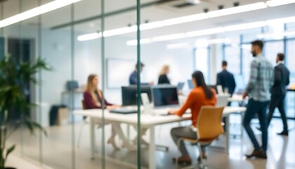 Obraz premium People are working in a blurred workplace behind a glass wall