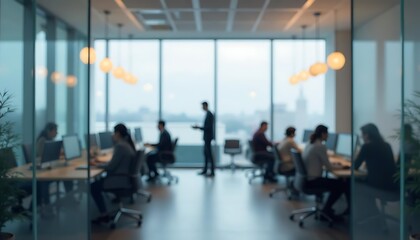 People are working in a blurred workplace behind a glass wall