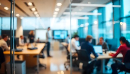Obraz premium People are working in a blurred workplace behind a glass wall