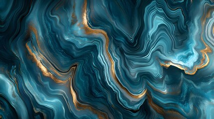 Fototapeta premium Abstract background with swirls of teal and blue, accented by gold and brown lines, creating a marble-like effect.