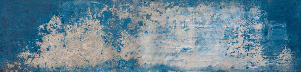 Concrete old blue wall texture. Abstract wide grunge background. Cement pattern backdrop. Long banner. Frame design element. Vintage wallpaper.