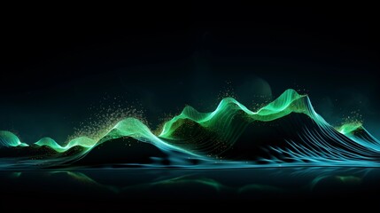 Abstract background with Flowing Waves Composed of Glowing Green and Blue Data Points on a Black Background, Representing the Movement and Flow of Digital Information in a Futuristic, High-Tech Concep