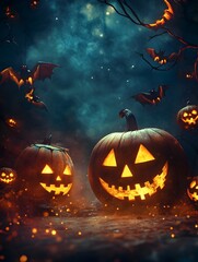 Spooky Halloween Pumpkins and Bats in Moody Supernatural Landscape with Ominous Sky