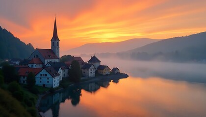 Fototapeta premium A charming village tucked away behind a calm lake, encircled by foggy mountains and a vivid orange dusk sky