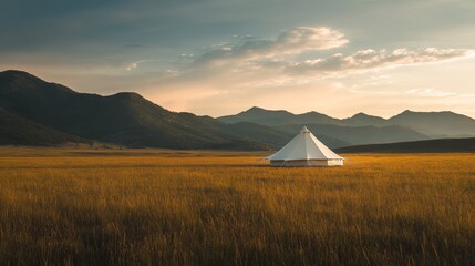 A large white camping tent in a field with mountains, taken during golden hour for a scenic feel. 