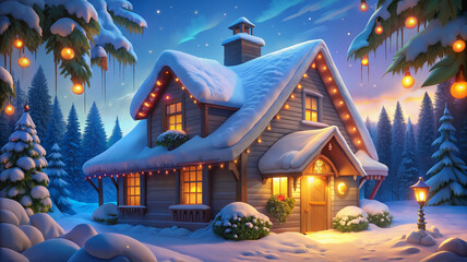 Snow-covered house with Christmas lights at night in winter forest