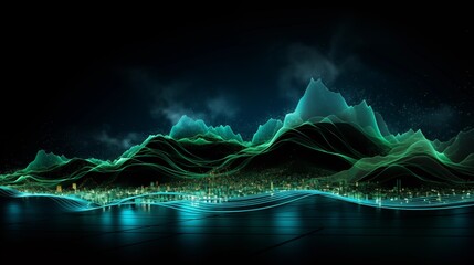 Abstract background with Flowing Waves Composed of Glowing Green and Blue Data Points on a Black Background, Representing the Movement and Flow of Digital Information in a Futuristic, High-Tech Concep