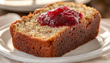 A slice of poppy seed bread topped with a dollop of red fruit jam, served on a plate, inviting for a snack or dessert.