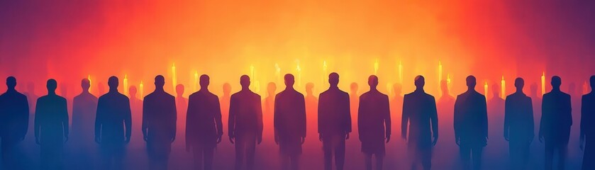 Fototapeta premium Silhouettes of people standing in a line with a vibrant orange and blue background, creating a dramatic and artistic atmosphere, perfect for concepts of unity and diversity.