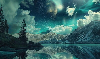 Night sky with stars and northern lights over a mountain landscape reflected in a lake. Scenic photography for design and print.