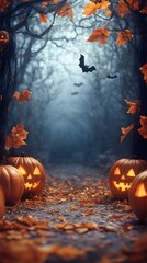 Atmospheric Halloween Scene with Pumpkins and Bats in Eerie Forest Landscape