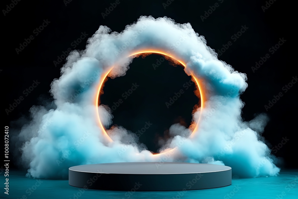 Poster circular light frame surrounded by colorful clouds on a dark background.