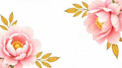 Pink flowers and gold leaves on white background