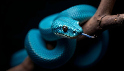 Fototapeta premium Vibrant Blue Snake Close-Up on Tree Branch with Black Background – Exotic Reptile, Wildlife Photography, Animal Portrait, Detailed Scales, Nature Image
