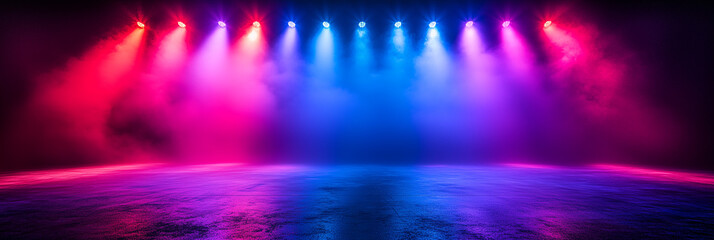 A stage with colorful spotlights a dark background purple and blue lights a fog effect