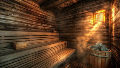 Obraz premium A warm, inviting sauna interior with wooden benches, a stone-filled bucket, and light streaming through a window.