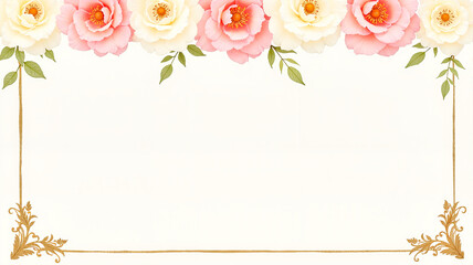 Pink and white roses with green leaves and gold accents on cream background