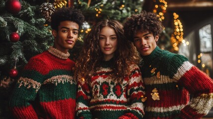 Fototapeta premium Festive Knitwear: People in cozy, colorful sweaters posing in front of a decorated tree; warm reds and greens with soft textures.