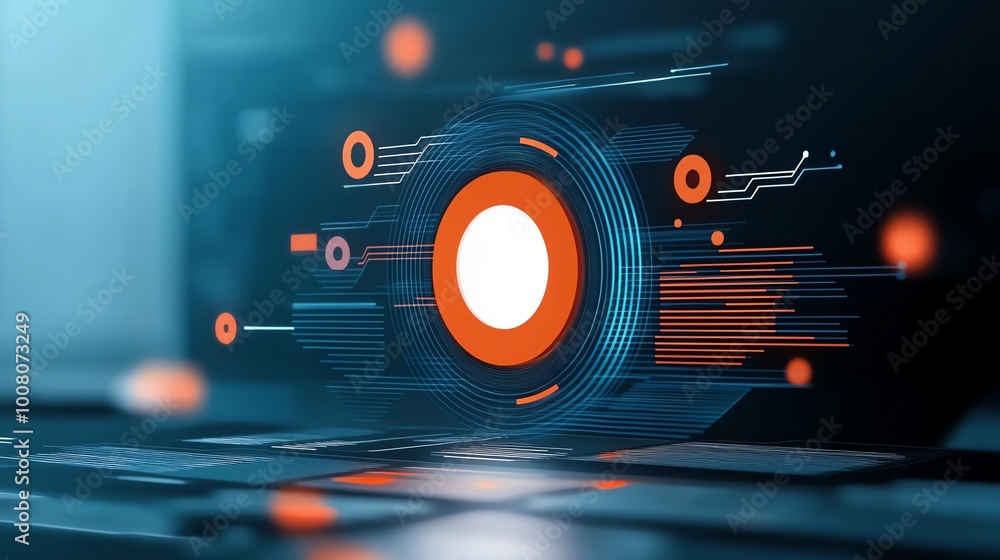 Poster futuristic digital interface with circular elements and glowing effects, modern design.