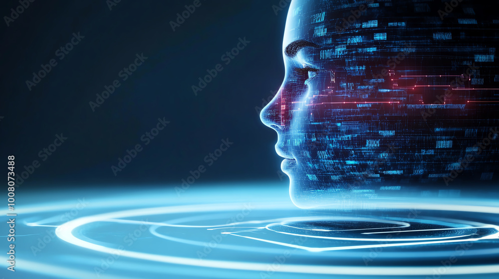 Poster futuristic representation of a digital face with data streams, isolated on dark background.