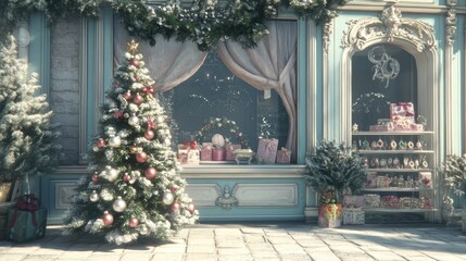 Fototapeta premium A decorated christmas tree in front of a window