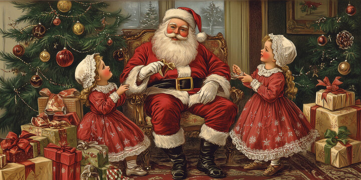 Retro Bild vom Weihnachtsmann wie er Geschenke an die Kinder ausgibt. Weihnachten Nostalgie Kinder Freude Geschenke