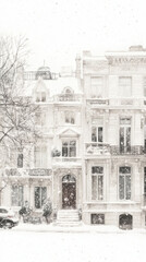 A black and white photo of a building in the snow