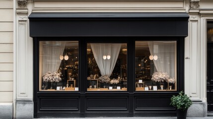 A store front with a black awning and white curtains