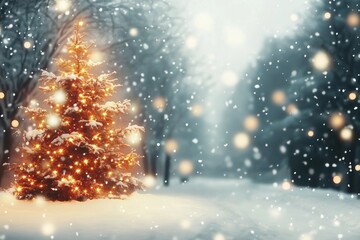 blurred christmas tree, snow, christmas, background