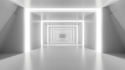 White hallway with glowing square frames in an infinite loop. Minimalistic futuristic architecture concept for design and print.