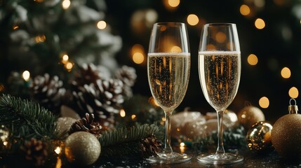 Two champagne glasses are on a table with Christmas decorations