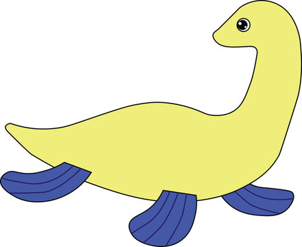 recommend clip art: cute yellow loch ness monster with blue flippers looking back, cartoon, easy to edit, stock vector