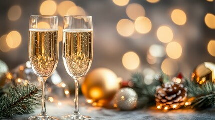 Two champagne glasses are on a table with Christmas decorations