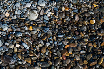 Wet sea pebbles close-up. Rocky beach on the sea, ocean, river, lake, pond. Natural background for design.