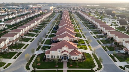 A residential neighborhood with a row of houses in the background